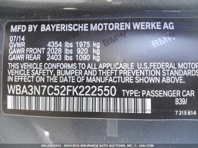 WBA3N7C52FK222550 - 2015 BMW 428 I GRAY photo 9