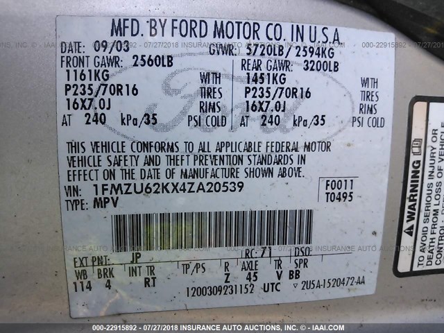 1FMZU62KX4ZA20539 - 2004 FORD EXPLORER XLS/XLS SPORT SILVER photo 9