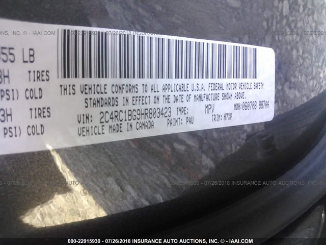 2C4RC1BG9HR803423 - 2017 CHRYSLER PACIFICA TOURING L Մոխրագույն լուսանկար 9