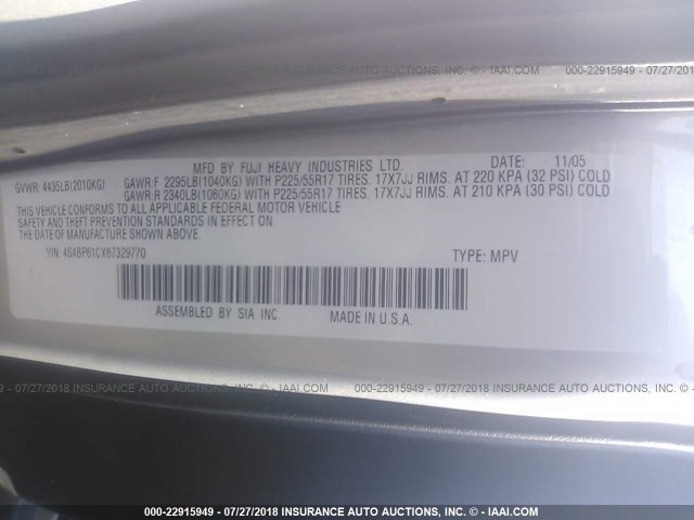 4S4BP61CX67329770 - 2006 SUBARU LEGACY OUTBACK 2.5I GRAY photo 9