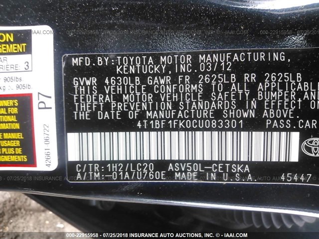 4T1BF1FK0CU083301 - 2012 TOYOTA CAMRY SE/LE/XLE BLUE photo 9
