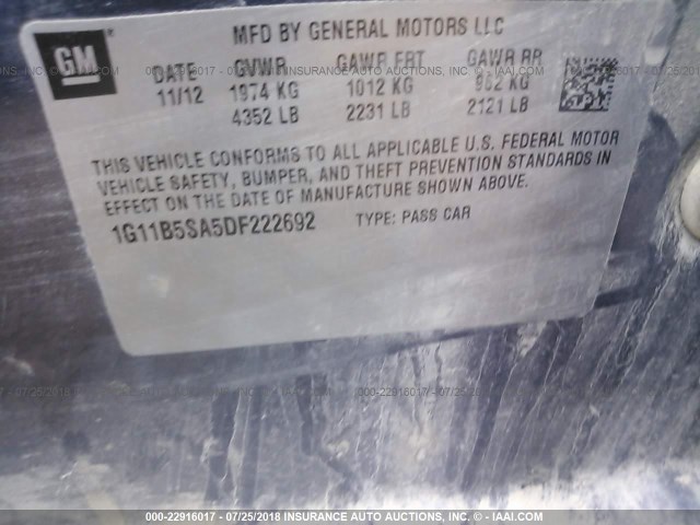 1G11B5SA5DF222692 - 2013 CHEVROLET MALIBU LS Boz foto 9