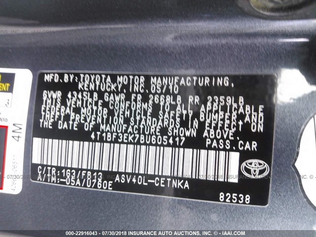 4T1BF3EK7BU605417 - 2011 TOYOTA CAMRY SE/LE/XLE ნაცრისფერი ფოტო 9