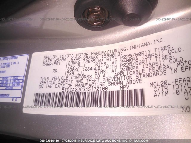 5TDZA22C34S172100 - 2004 TOYOTA SIENNA XLE/XLE LIMITED BEIGE photo 9