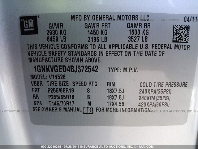 1GNKVGED4BJ372542 - 2011 CHEVROLET TRAVERSE LT SILVER photo 9