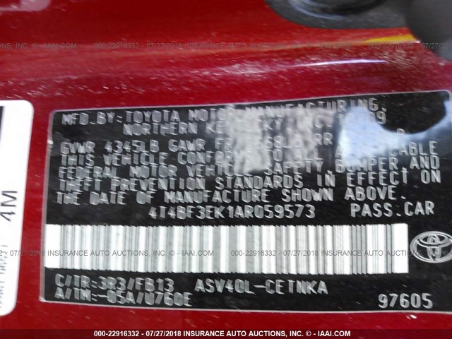 4T4BF3EK1AR059573 - 2010 TOYOTA CAMRY SE/LE/XLE RED photo 9