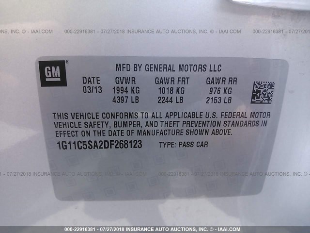 1G11C5SA2DF268123 - 2013 CHEVROLET MALIBU 1LT 银色 照片 9