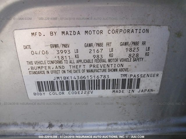 JM1BK143661516783 - 2006 MAZDA 3 HATCHBACK SILVER photo 9