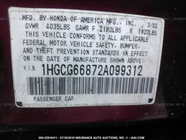 1HGCG66872A099312 - 2002 HONDA ACCORD EX/SE RED photo 9