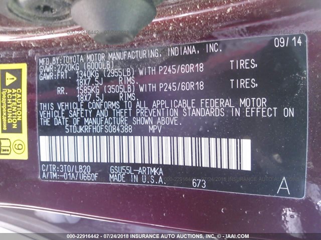 5TDJKRFH0FS084388 - 2015 TOYOTA HIGHLANDER XLE RED photo 9