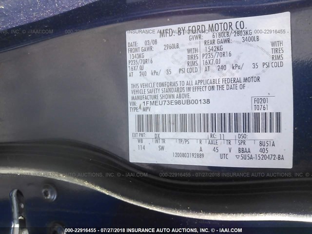 1FMEU73E98UB00138 - 2008 FORD EXPLORER XLT BLUE photo 9