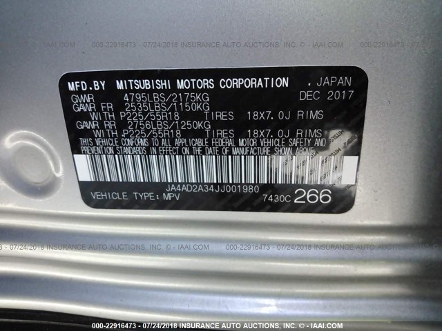 JA4AD2A34JJ001980 - 2018 MITSUBISHI OUTLANDER ES 银色 照片 9