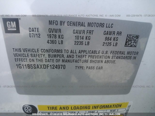 1G11B5SAXDF124970 - 2013 CHEVROLET MALIBU LS Ақ фото 9