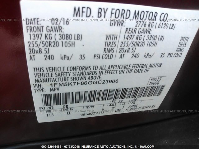 1FM5K7F86GGC23906 - 2016 FORD EXPLORER LIMITED 红色 照片 9