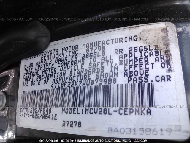 4T1BF22K7WU073980 - 1998 TOYOTA CAMRY CE/LE/XLE შავი ფოტო 9