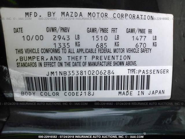 JM1NB353810206284 - 2001 MAZDA MX-5 MIATA LS GREEN photo 9