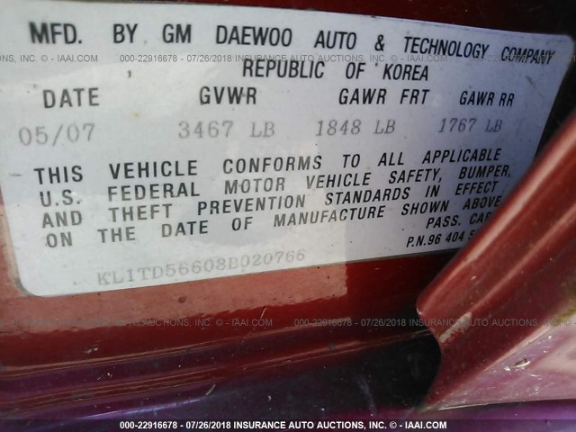 KL1TD56608B020766 - 2008 CHEVROLET AVEO LS RED photo 9