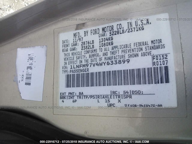 1LNFM97V4WY633899 - 1998 LINCOLN CONTINENTAL  Қоңыр фото 9