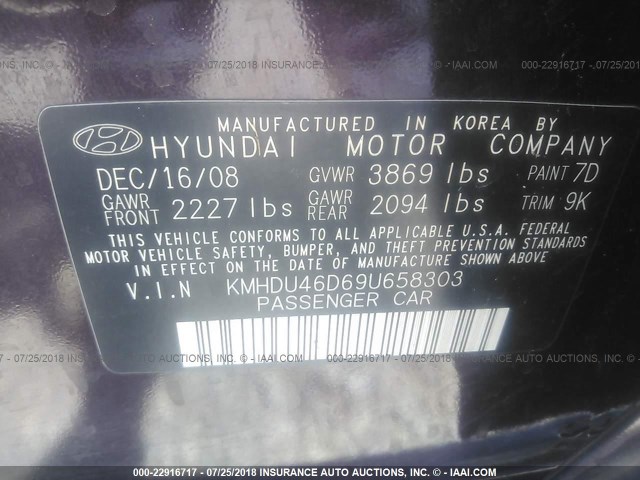 KMHDU46D69U658303 - 2009 HYUNDAI ELANTRA GLS/SE PURPLE photo 9