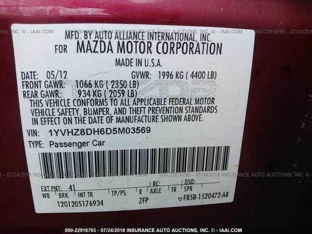 1YVHZ8DH6D5M03569 - 2013 MAZDA 6 TOURING RED photo 9