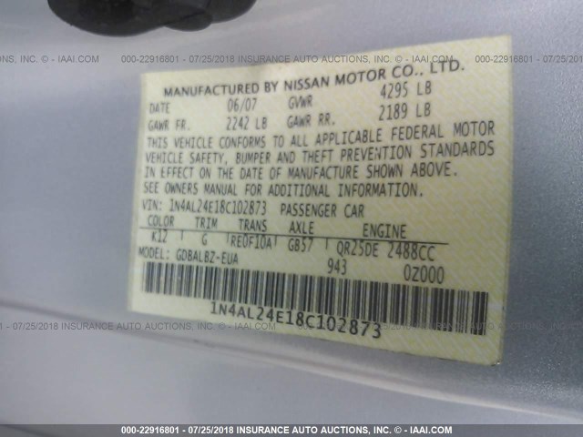 1N4AL24E18C102873 - 2008 NISSAN ALTIMA 2.5S SILVER photo 9