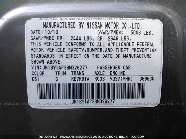 JN1BY1AP3BM326277 - 2011 INFINITI M37 SILVER photo 9