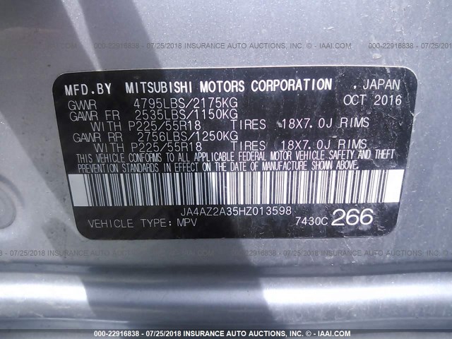 JA4AZ2A35HZ013598 - 2017 MITSUBISHI OUTLANDER ES SILVER photo 9