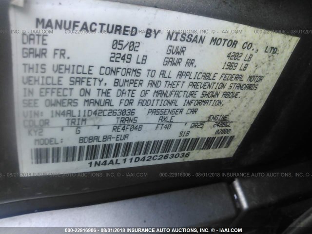 1N4AL11D42C263036 - 2002 NISSAN ALTIMA S/SL GOLD photo 9