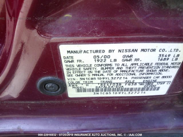 3N1CB51D9YL327214 - 2000 NISSAN SENTRA XE/GXE RED photo 9