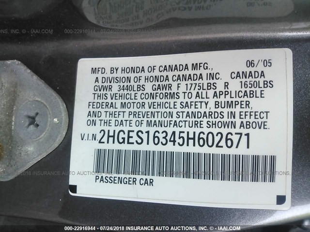 2HGES16345H602671 - 2005 HONDA CIVIC DX VP GRAY photo 9