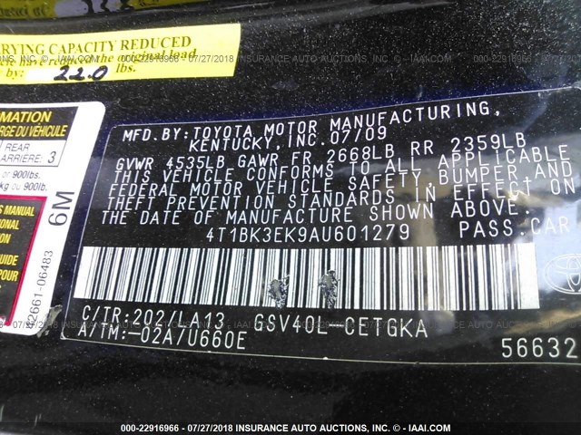 4T1BK3EK9AU601279 - 2010 TOYOTA CAMRY SE/LE/XLE 黑色 照片 9