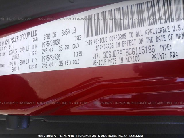 3C6JD7AT8CG115186 - 2012 DODGE RAM 1500 ST RED photo 9