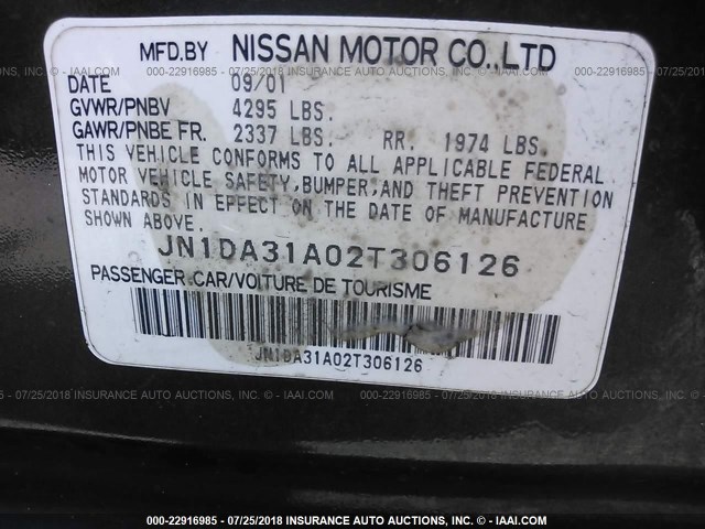 JN1DA31A02T306126 - 2002 NISSAN MAXIMA GLE/SE GRAY photo 9