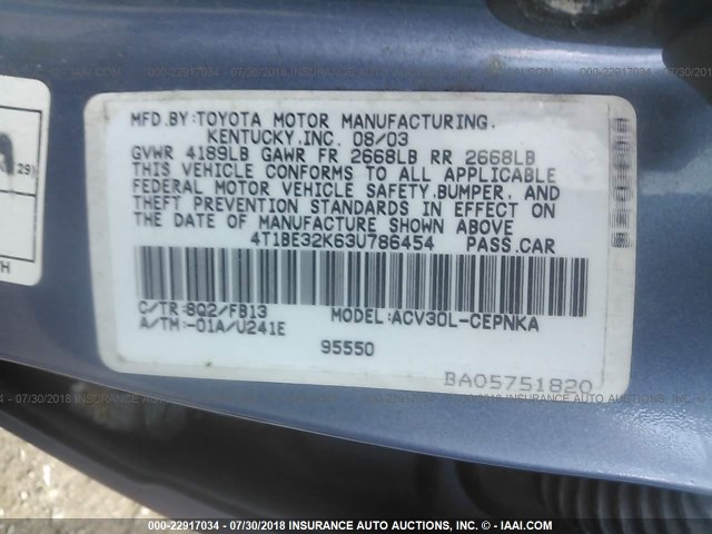 4T1BE32K63U786454 - 2003 TOYOTA CAMRY LE/XLE/SE 蓝色 照片 9