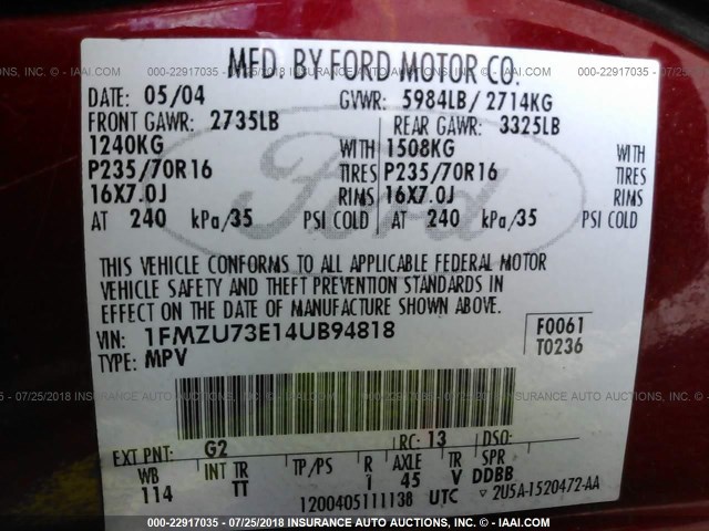 1FMZU73E14UB94818 - 2004 FORD EXPLORER XLT/XLT SPORT/NBX 红色 照片 9