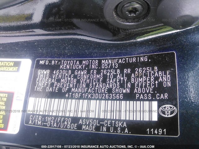 4T1BF1FK3DU263566 - 2013 TOYOTA CAMRY L/SE/LE/XLE 黑色 照片 9