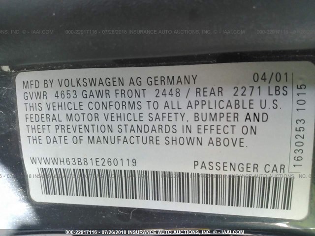 WVWWH63B81E260119 - 2001 VOLKSWAGEN PASSAT GLX GRAY photo 9