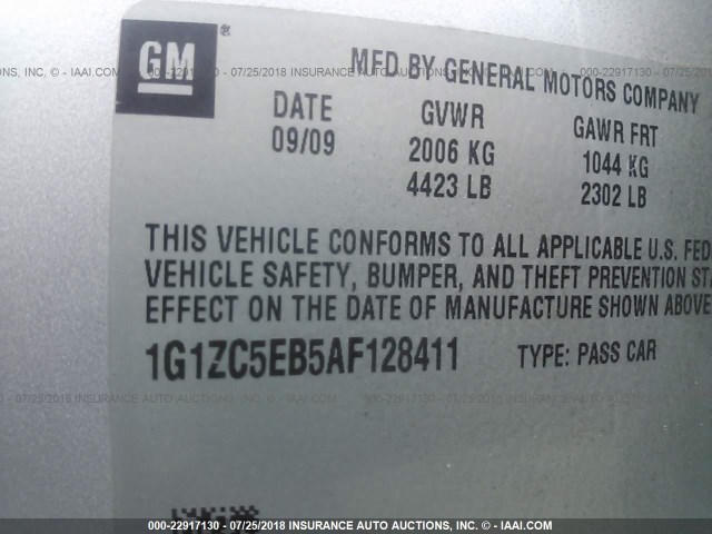 1G1ZC5EB5AF128411 - 2010 CHEVROLET MALIBU 1LT 银色 照片 9