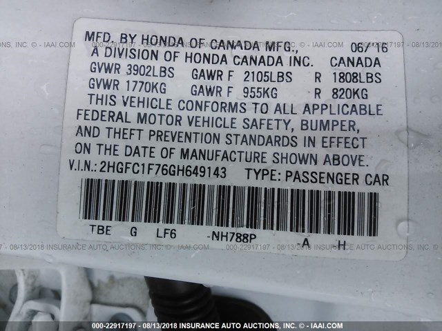 2HGFC1F76GH649143 - 2016 HONDA CIVIC EXL 白色 照片 9