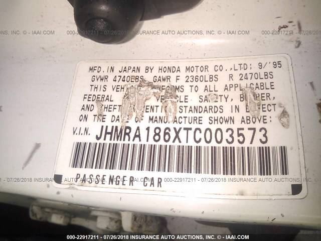 JHMRA186XTC003573 - 1996 HONDA ODYSSEY LX WHITE photo 9