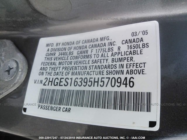 2HGES16395H570946 - 2005 HONDA CIVIC DX VP Boz foto 9