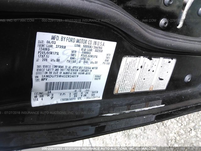 1FMDU75W43ZB24019 - 2003 FORD EXPLORER LIMITED 黑色 照片 9