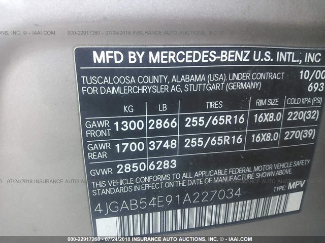 4JGAB54E91A227034 - 2001 MERCEDES-BENZ ML 320 GOLD photo 9