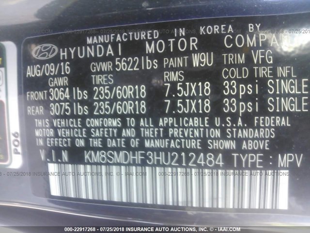 KM8SMDHF3HU212484 - 2017 HYUNDAI SANTA FE SE GRAY photo 9