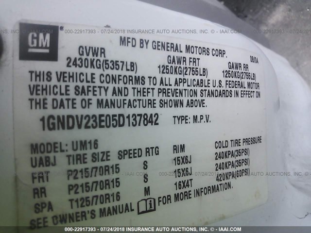 1GNDV23E05D137842 - 2005 CHEVROLET VENTURE LS WHITE photo 9