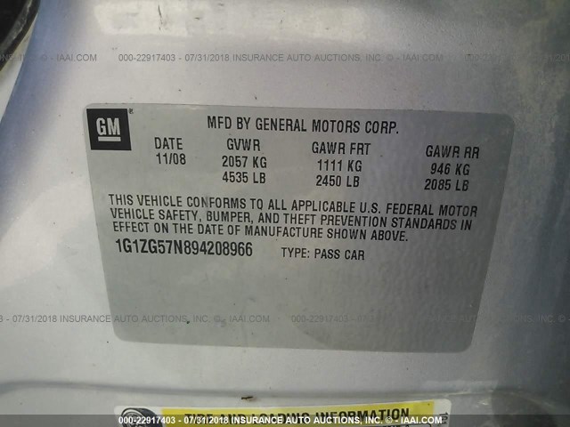 1G1ZG57N894208966 - 2009 CHEVROLET MALIBU LS Gümüş foto 9