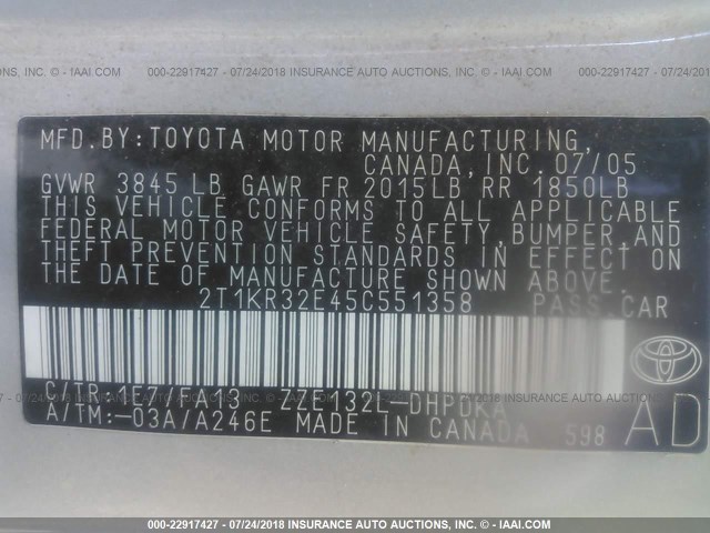 2T1KR32E45C551358 - 2005 TOYOTA COROLLA MATRIX XR SILVER photo 9