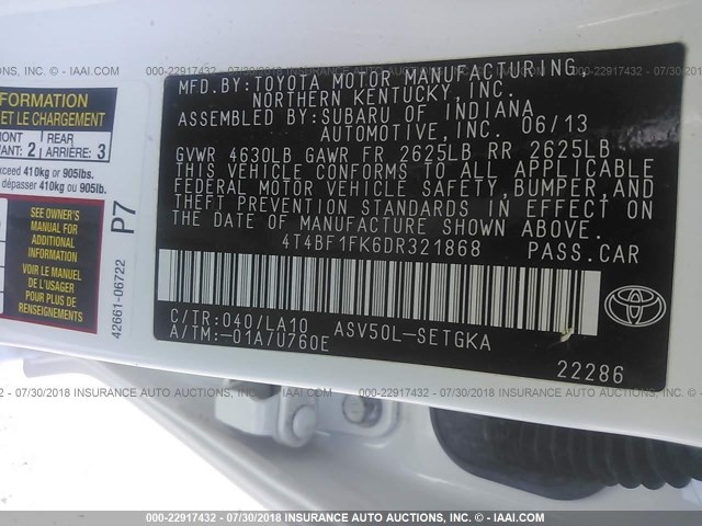 4T4BF1FK6DR321868 - 2013 TOYOTA CAMRY L/SE/LE/XLE 白色 照片 9