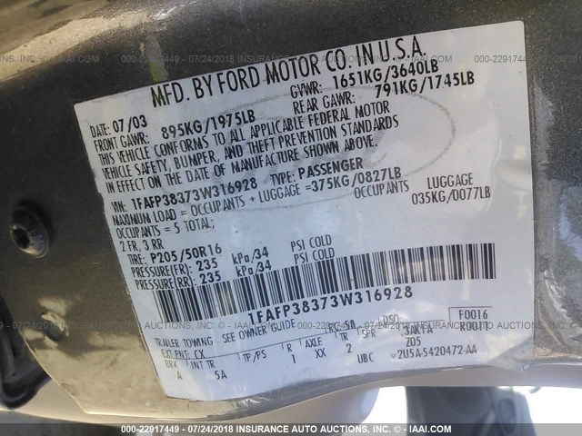 1FAFP38373W316928 - 2003 FORD FOCUS ZTS GRAY photo 9