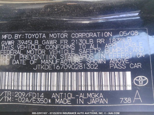 JTKDE167090281302 - 2009 TOYOTA SCION TC 黑色 照片 9